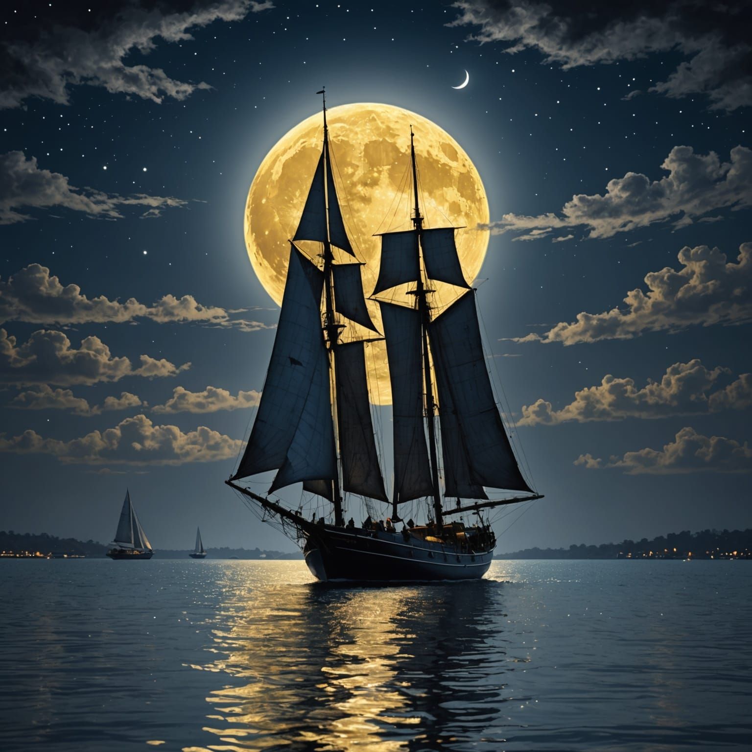 Sailboat Silhouette Under Silver Moon, Impressionist Paintin...