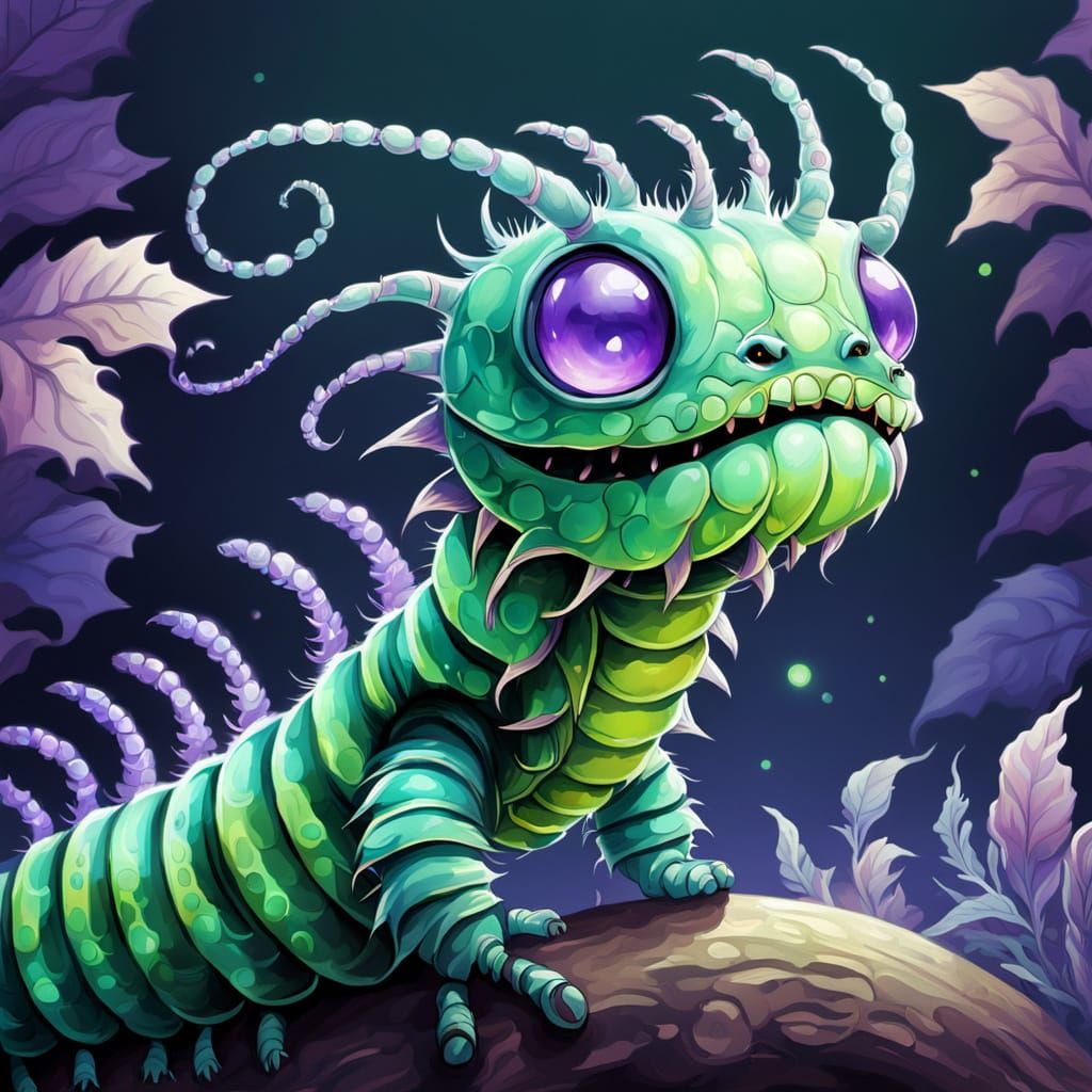 Dragon-Caterpillar Concept Art with Bioluminescent Eyes