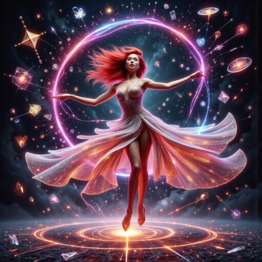 Red-Haired Cabaret Dancer Emerges in Futuristic Card Illusio...