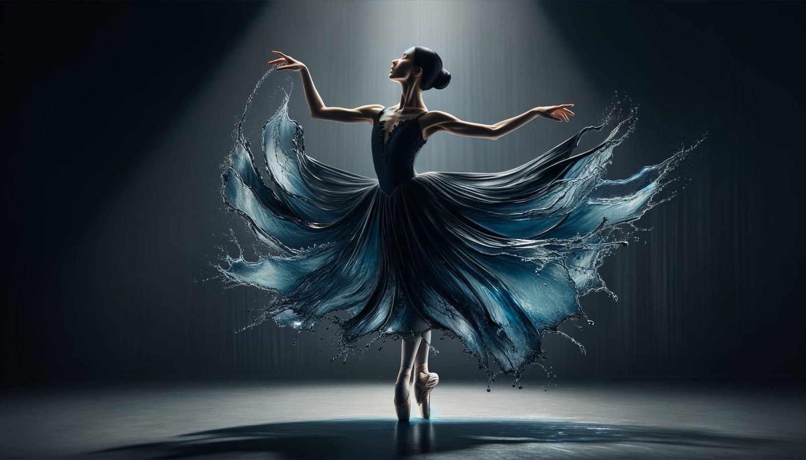 Ballerina in Flowing Water Dress Mid-Pirouette