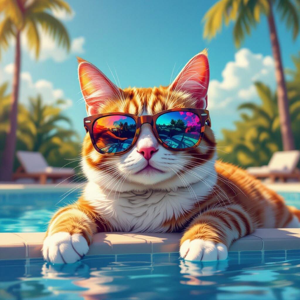 Cat Lounging by Pool in Sunglasses: Digital Art