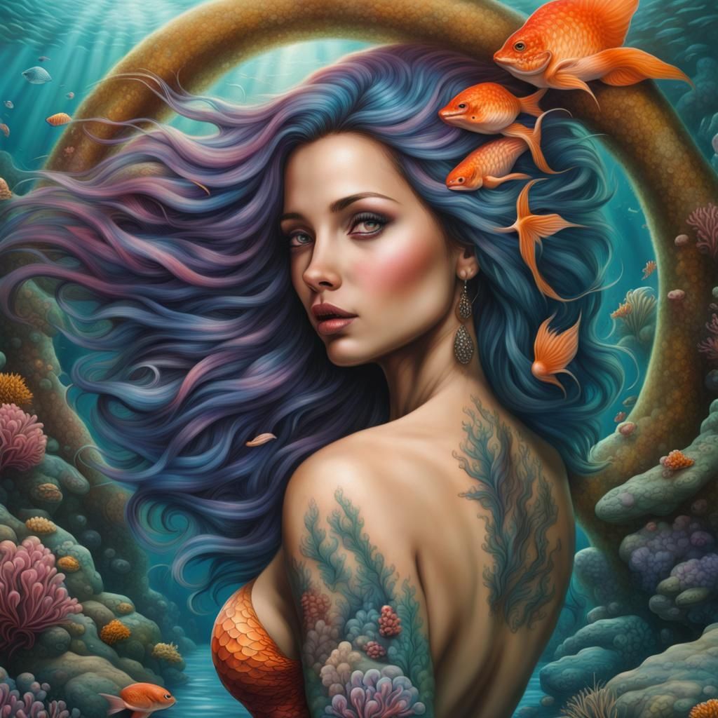 Hyperrealistic Tattooed Mermaid in Colorful Grotto