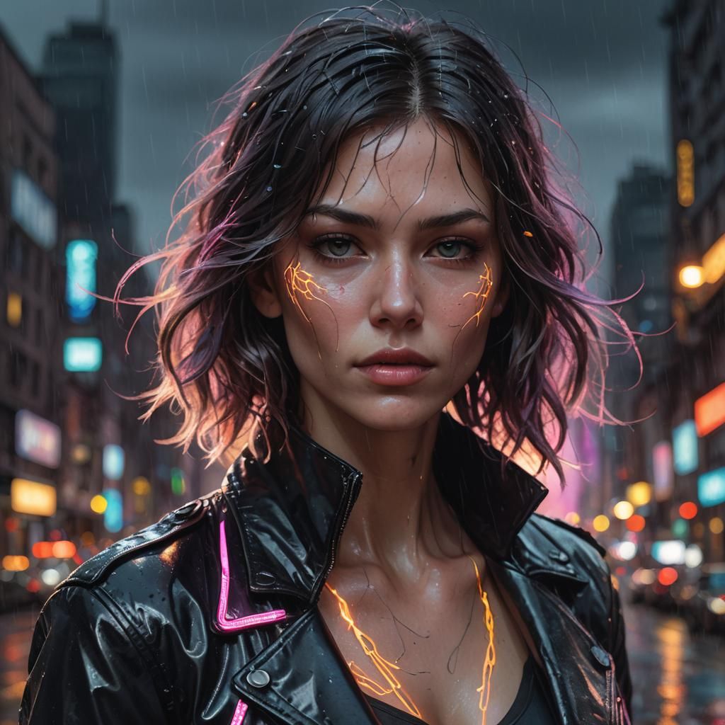 Person with Glowing Neon Veins in Rainy Cityscape