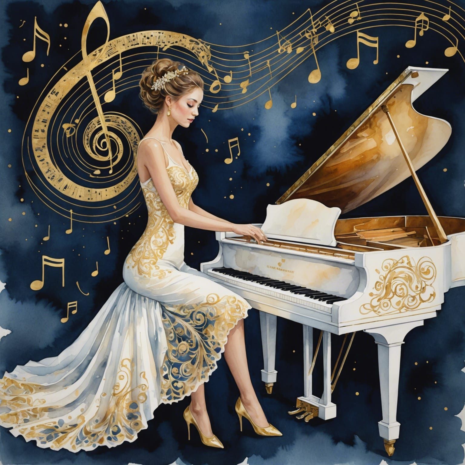 Woman Plays Piano in Space, Watercolor Style
