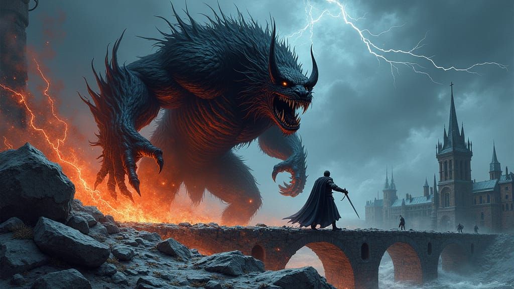 Knight Battles Shadow Beast on Gothic Bridge