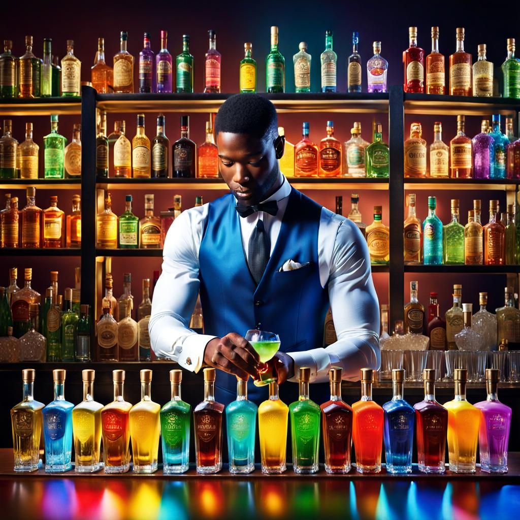 Bartender Pouring Shots in Vintage Bar: Fine Detail