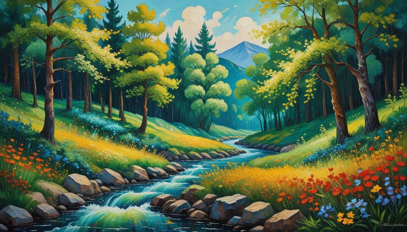 Neo-Impressionist Landscape with Rolling Hills and Verdant F...