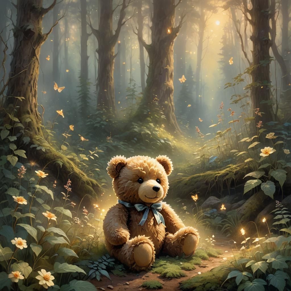 Teddy Bear in Misty Forest, Kinkade-esque Painting
