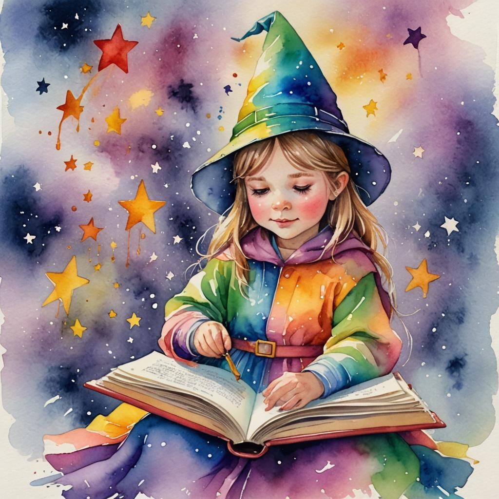Little Girl Rainbow Wizard Reading