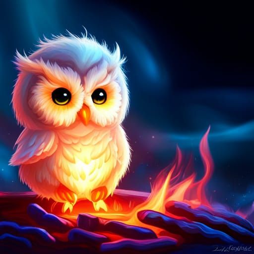 Cute Rainbow-Eyed Baby Owls Around Campfire, Digital Art