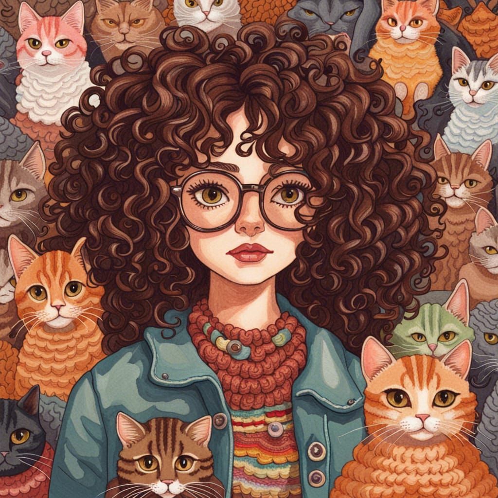 Maximalist Gouache Illustration of Woman with Cats