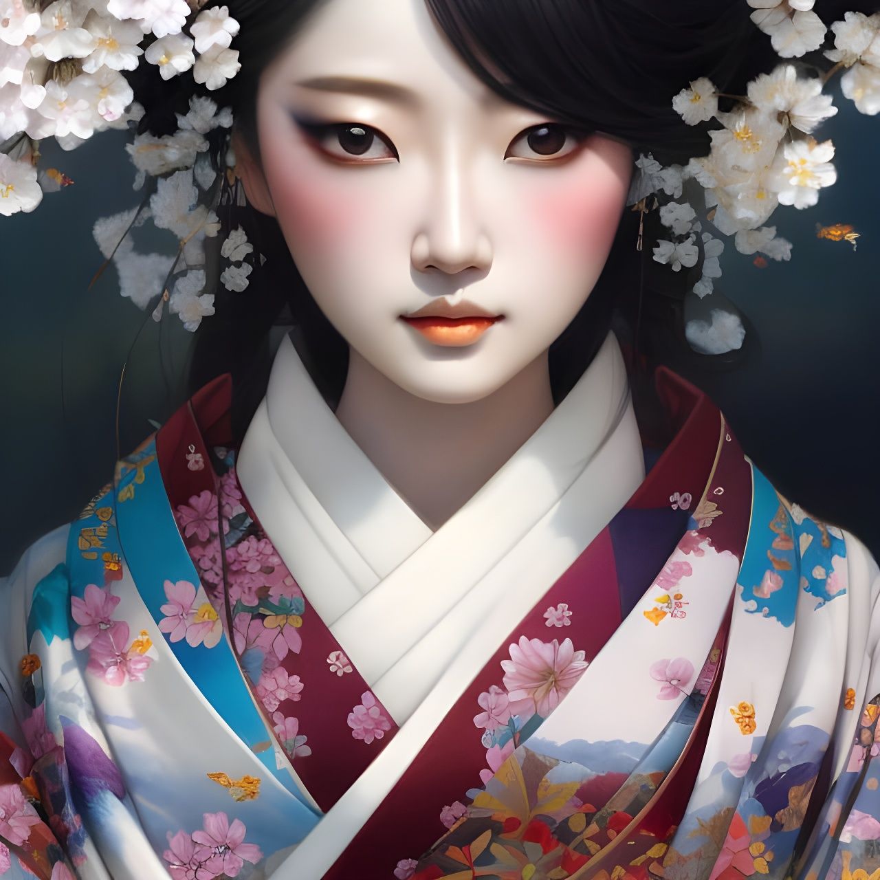 Japanese Goddess Portrait with Cherry Blossoms