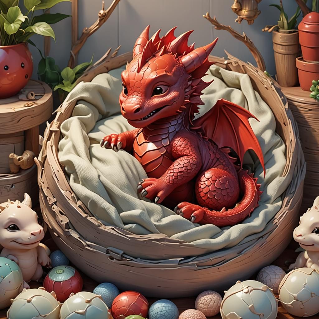 beautiful view of a baby dragon sleeping in a cute and tidy nursery, cartoon style, animated and colorful style, red dra...