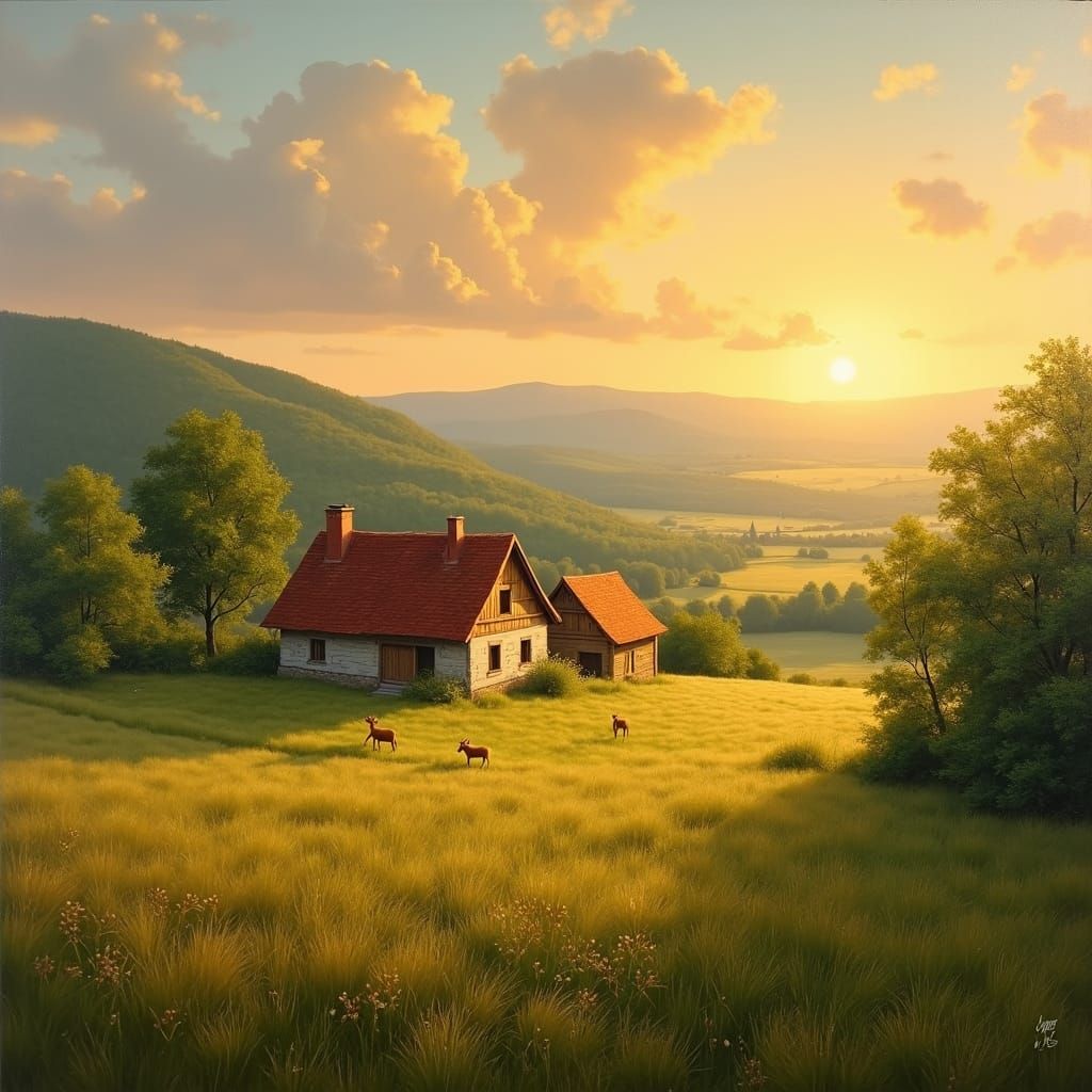 Sunset Over Serene Village Landscape