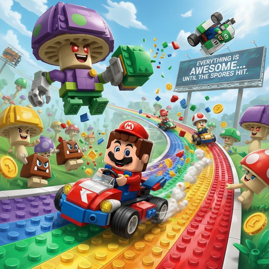 Mario Kart LEGO Race with Crazy Mushrooms and Explosions