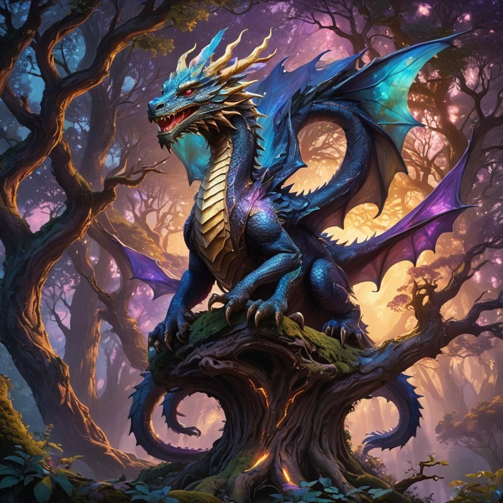 Majestic Dragon in Iridescent Forest Concept Art