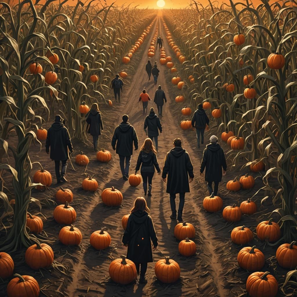 Spooky Friends Enter Pumpkin Patch, Dark Fantasy Illustratio...