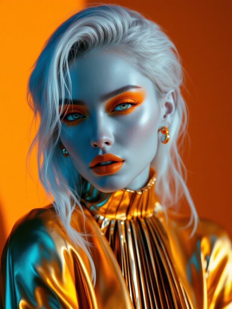 Sci-Fi Portrait: Woman with Porcelain-Blue Skin in Golden At...