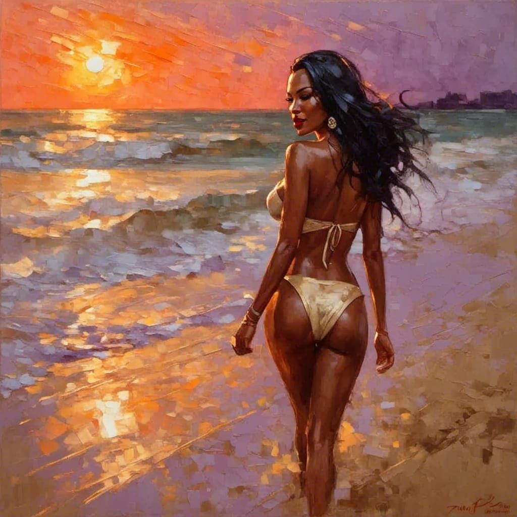 Golden Hour Beach Walk: Impasto Painting