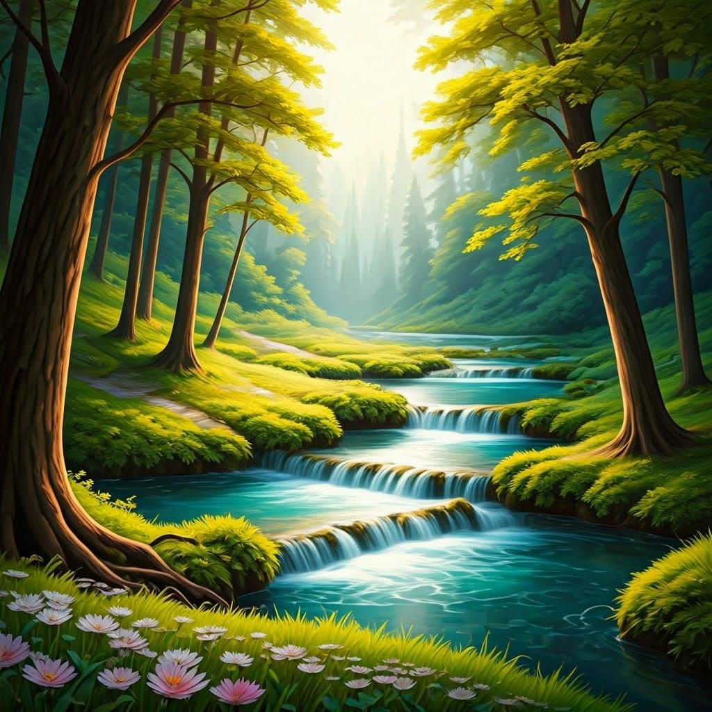 Dreamy Spring Landscape with Natural Springs and Lush Greene...