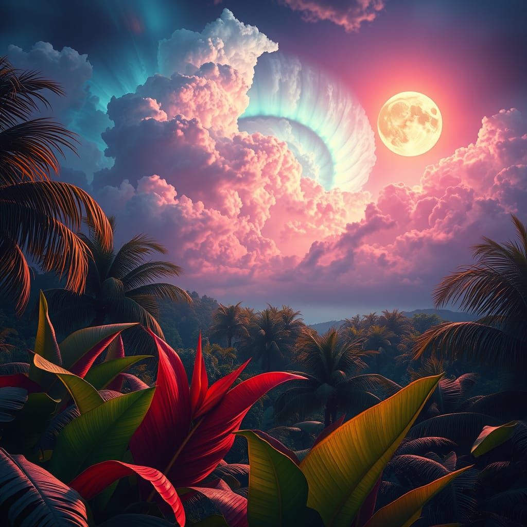 Ethereal Tropical Stormscape Illuminated by a Glowing Full M...