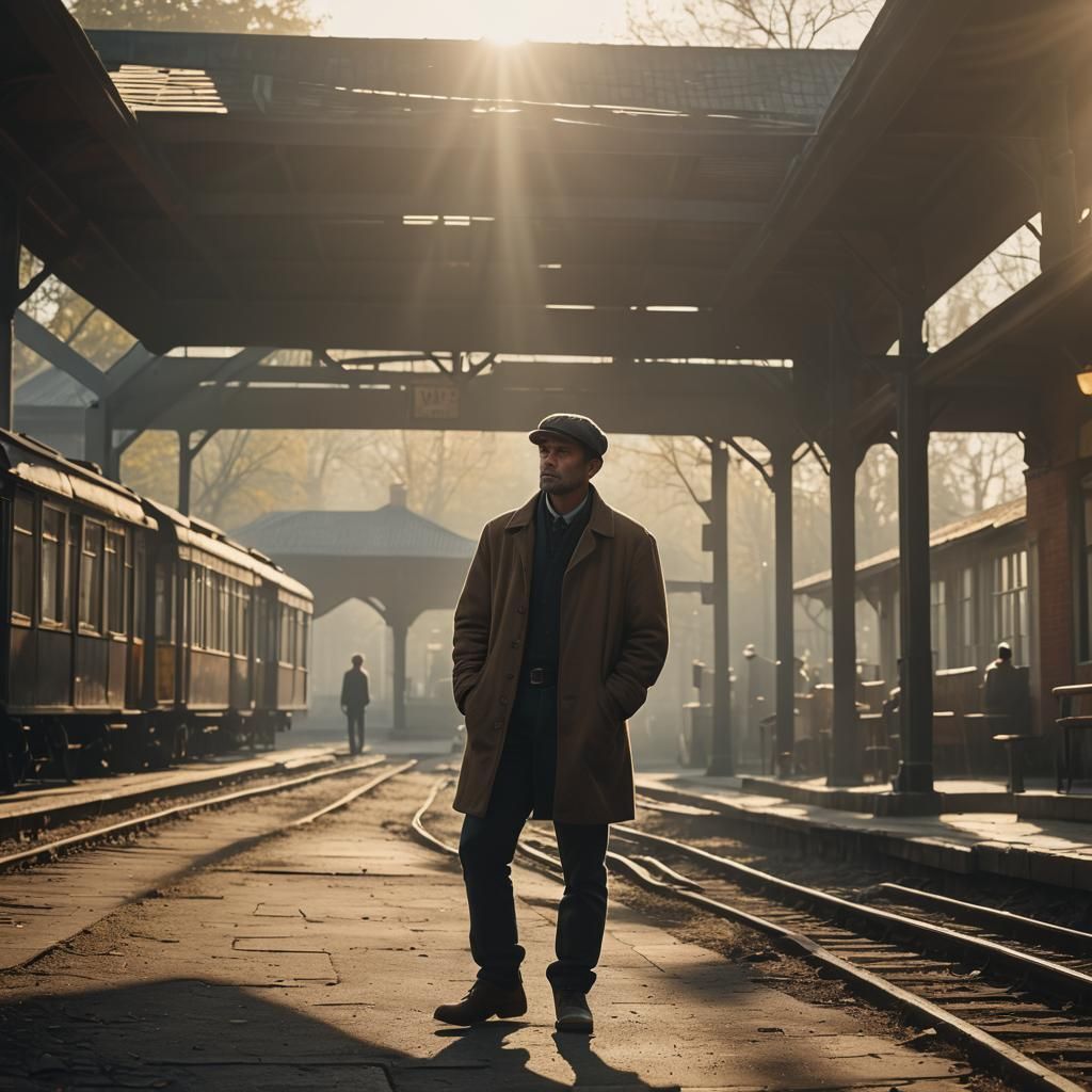 Hopeful Man Waits at Old Train Station