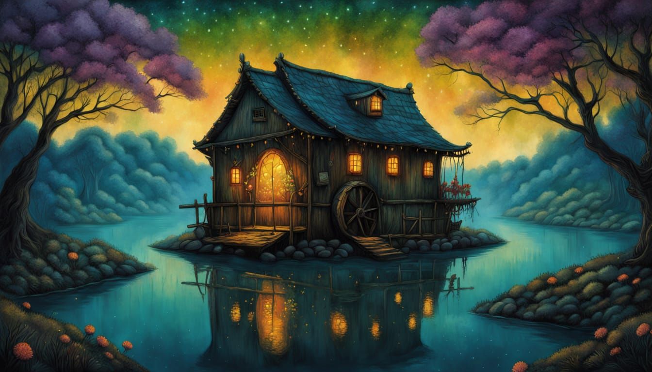 Dreamlike Waterwheel Scene in Studio Ghibli Style Oil Painti...