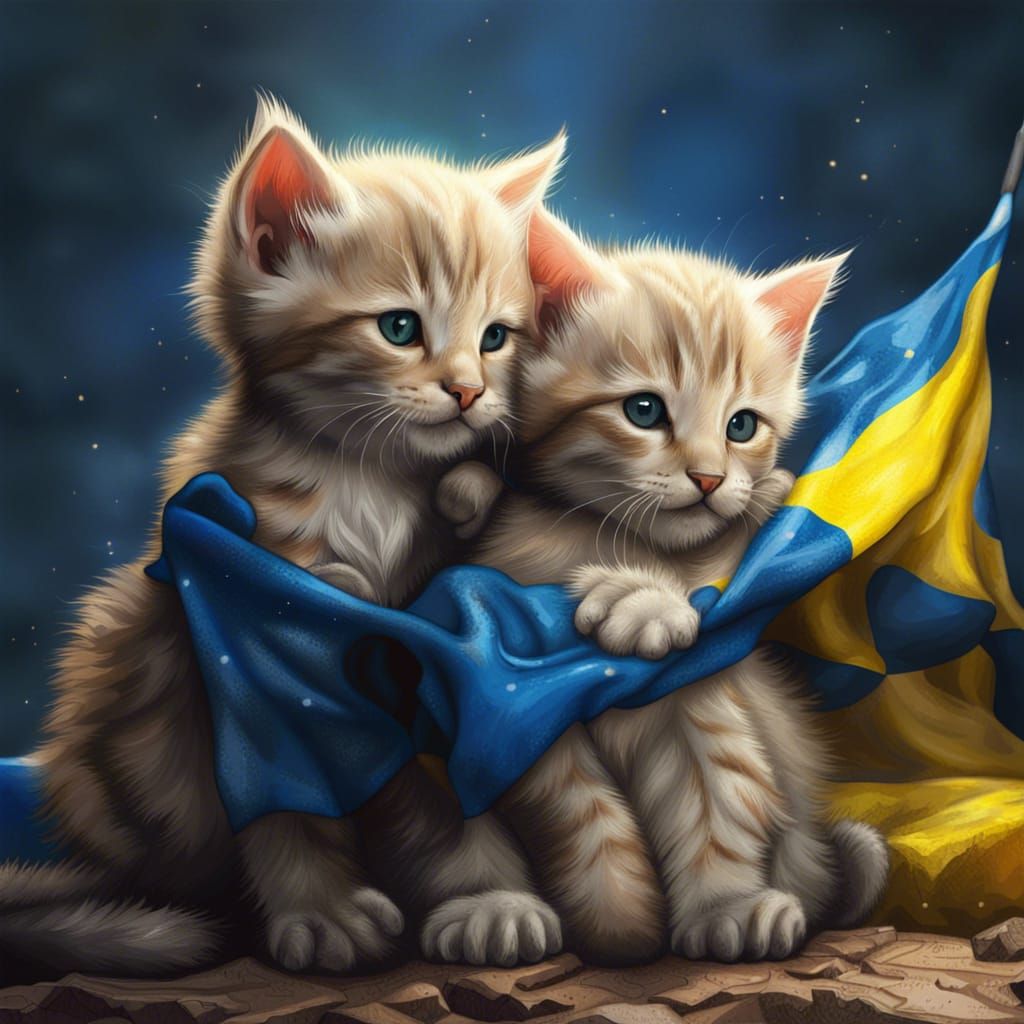 Cute Kittens Cuddling with Ukraine Flag