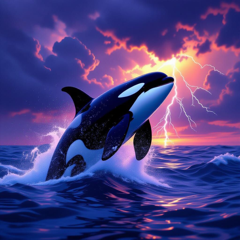 Orca Breaching in Bioluminescent Stormy Sea