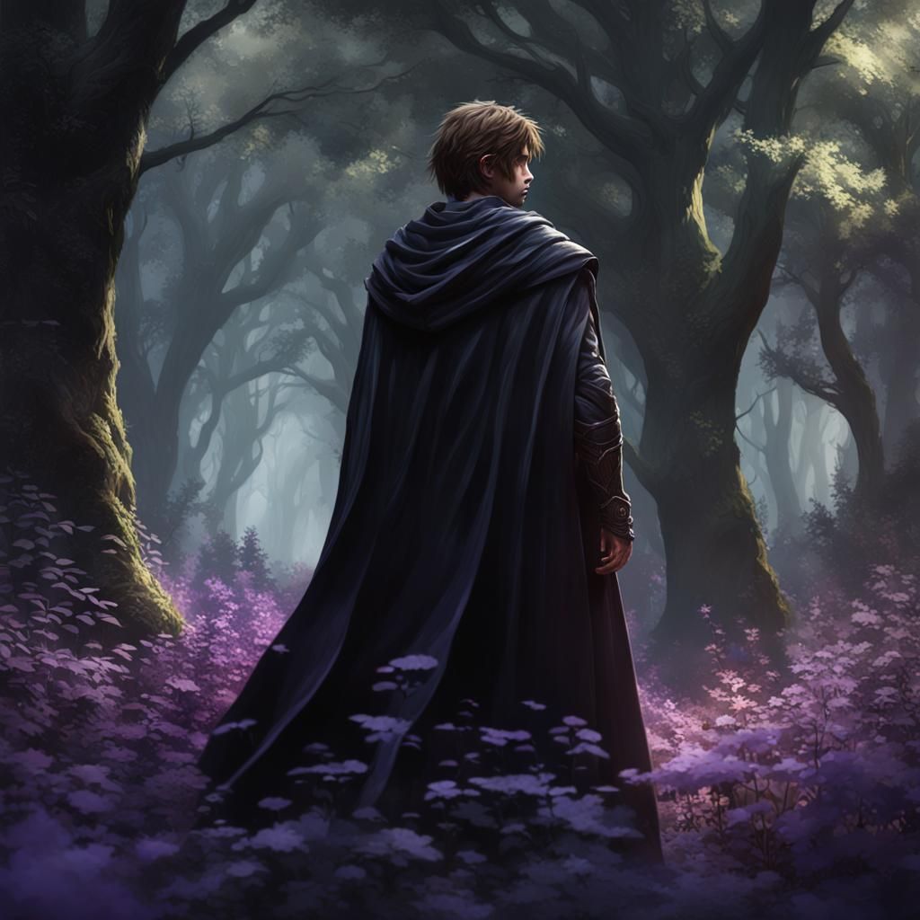 Boy in Black Cape in Dark Fantasy Forest