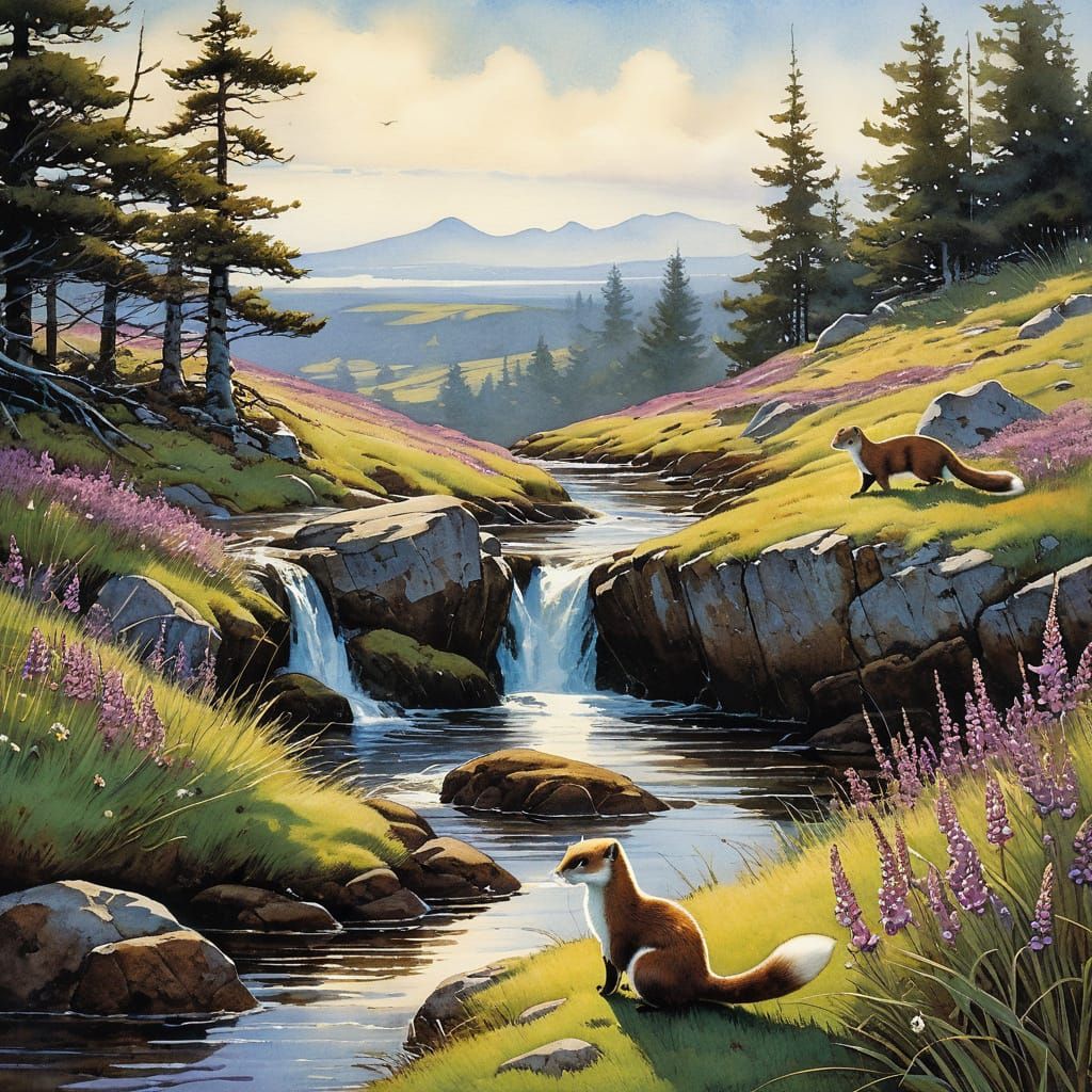 A beautiful, highly detailed scene of weasels in the heathla...