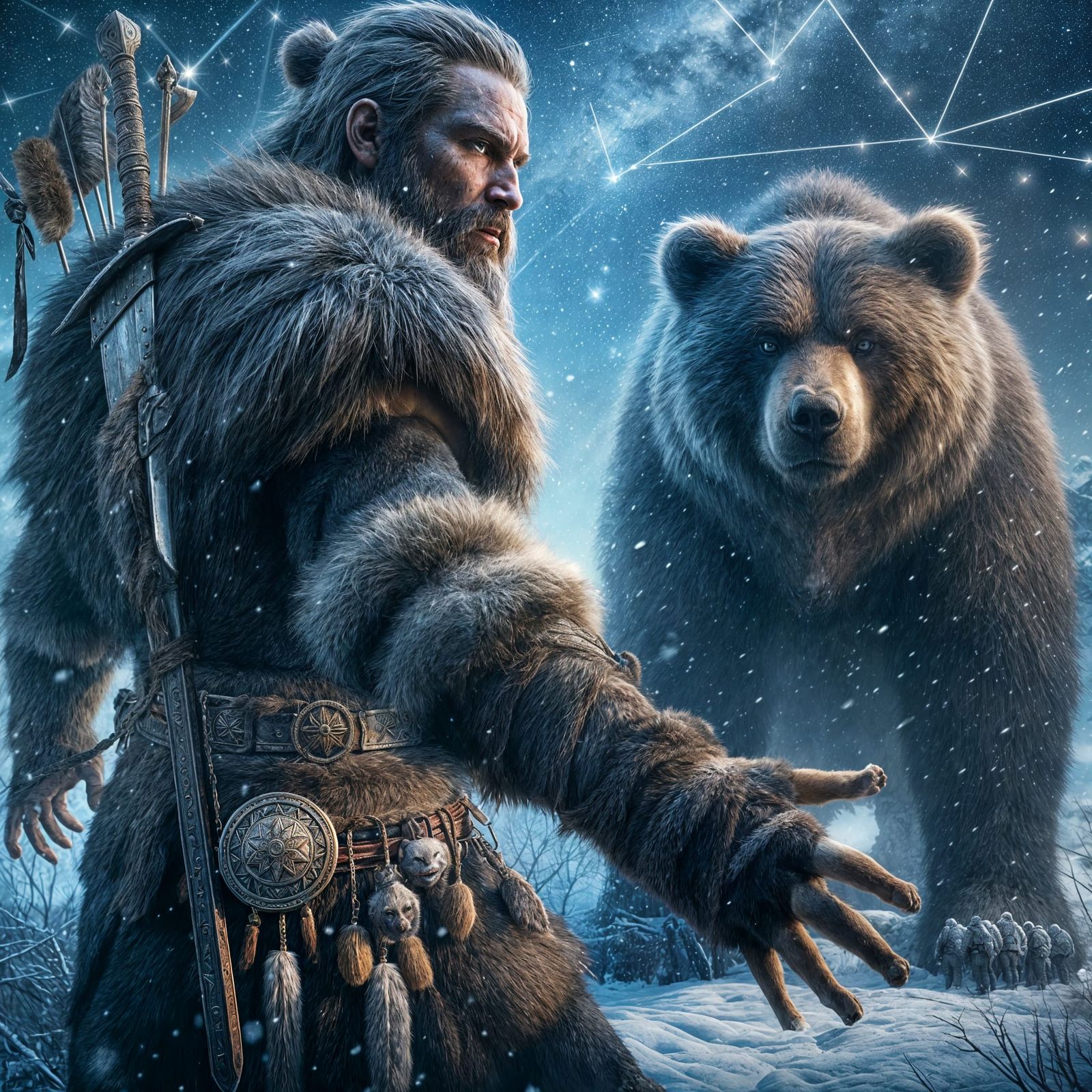 Viking Warrior Stares Down Fearsome Bear in Snowy Wilderness