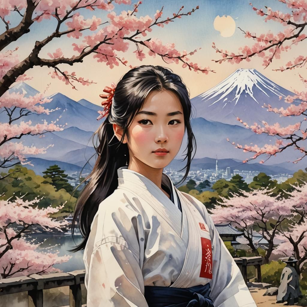 Japanese Portrait of Makoto with Mount Fuji, Ukiyo-e Style
