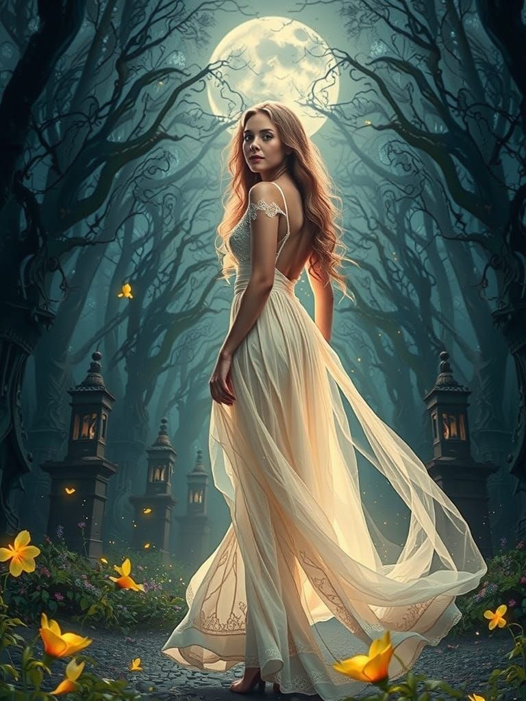 Ethereal Goddess Walks Ancient Forest in Mystical Glow