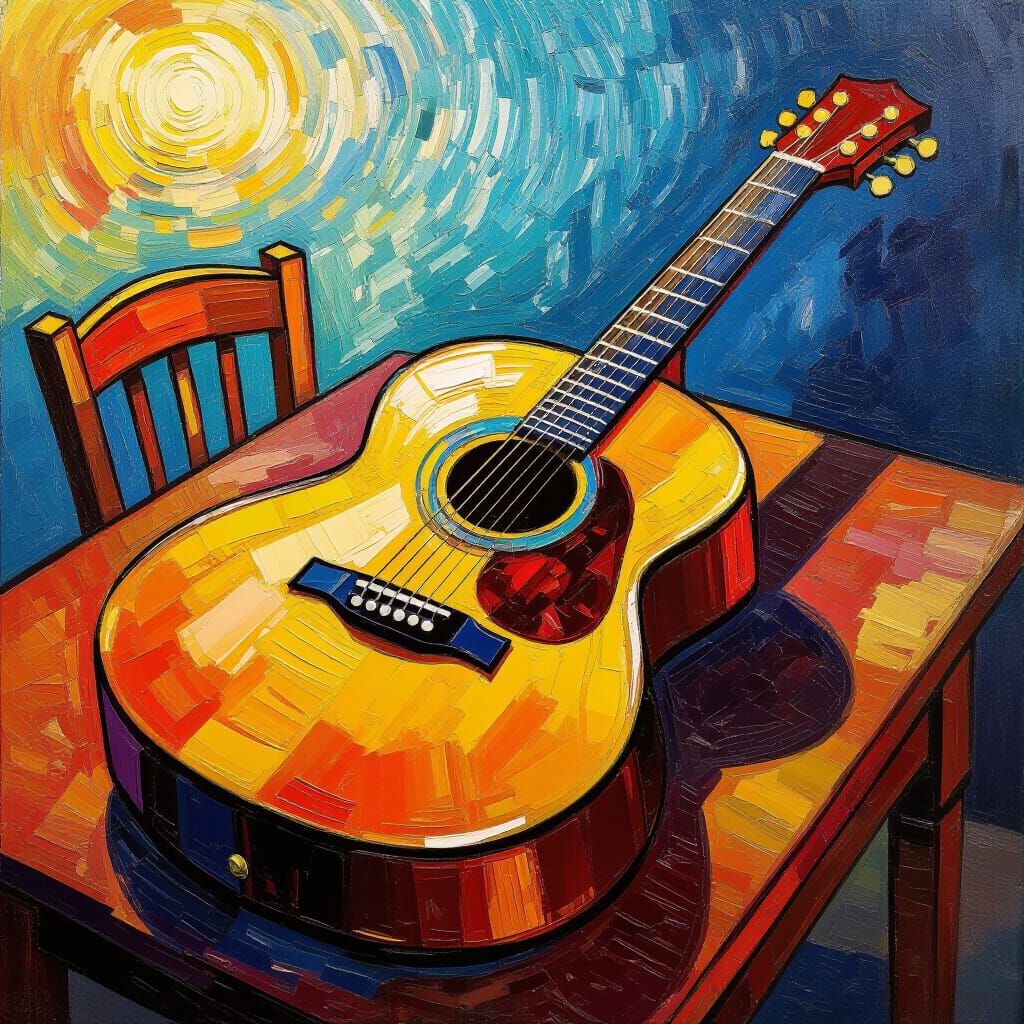 Vibrant Guitar Painting in Neo-Impressionist Style