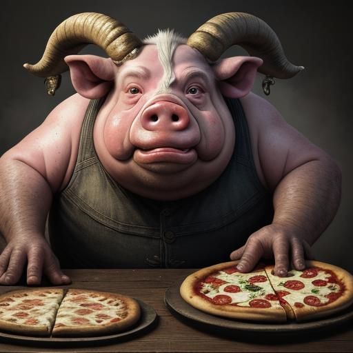 Grotesque Obese Pig Creature with Pizza, Hyperrealistic Art
