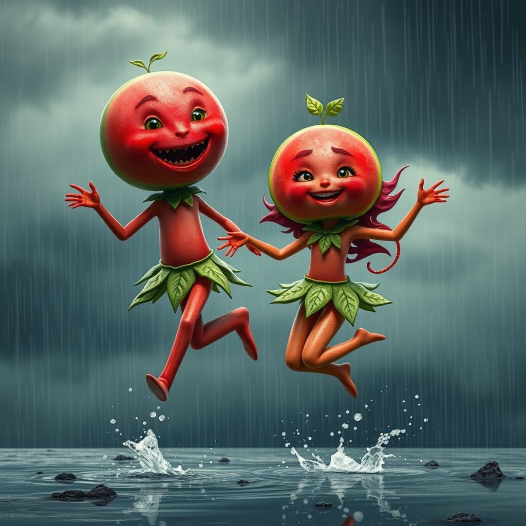 Whimsical Watermelon Duo Leaps in Rainy Storm