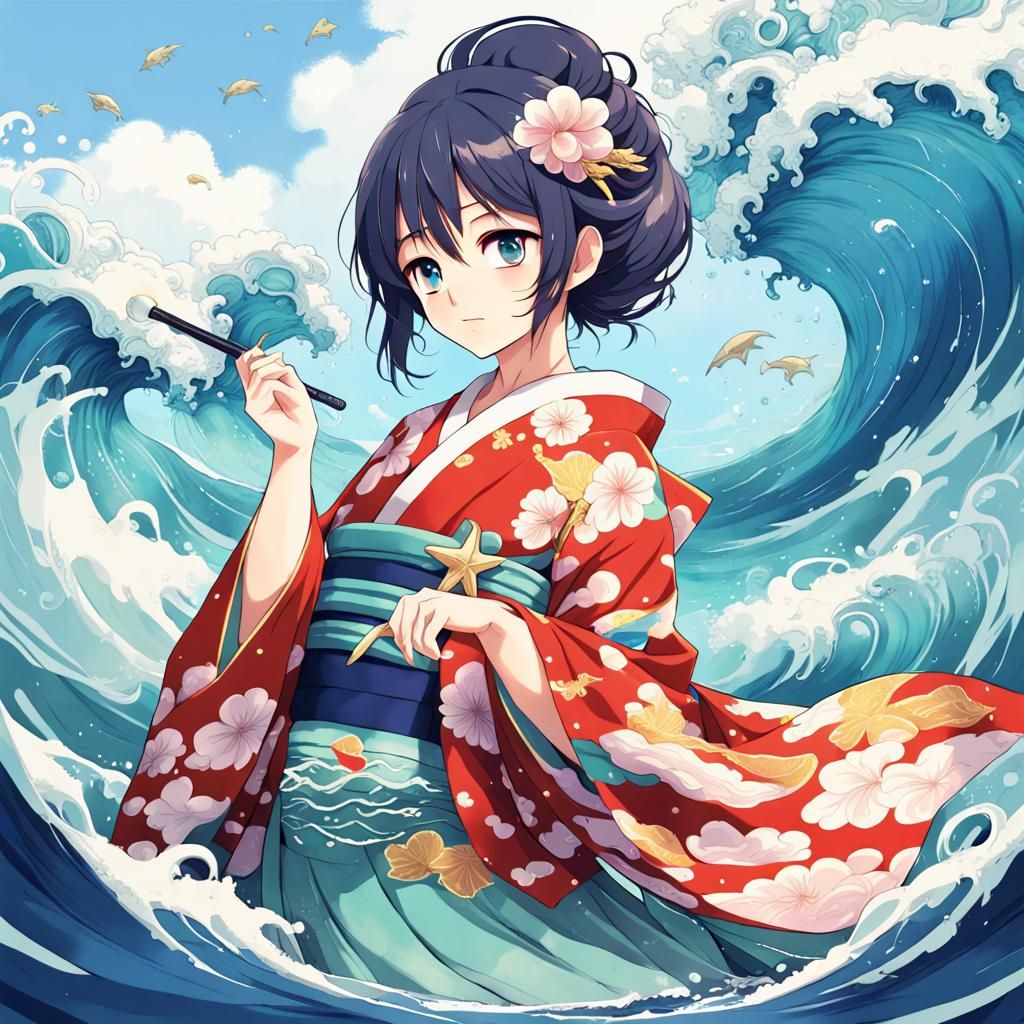 Sea Themed Kimono in Anime Key Visual Style