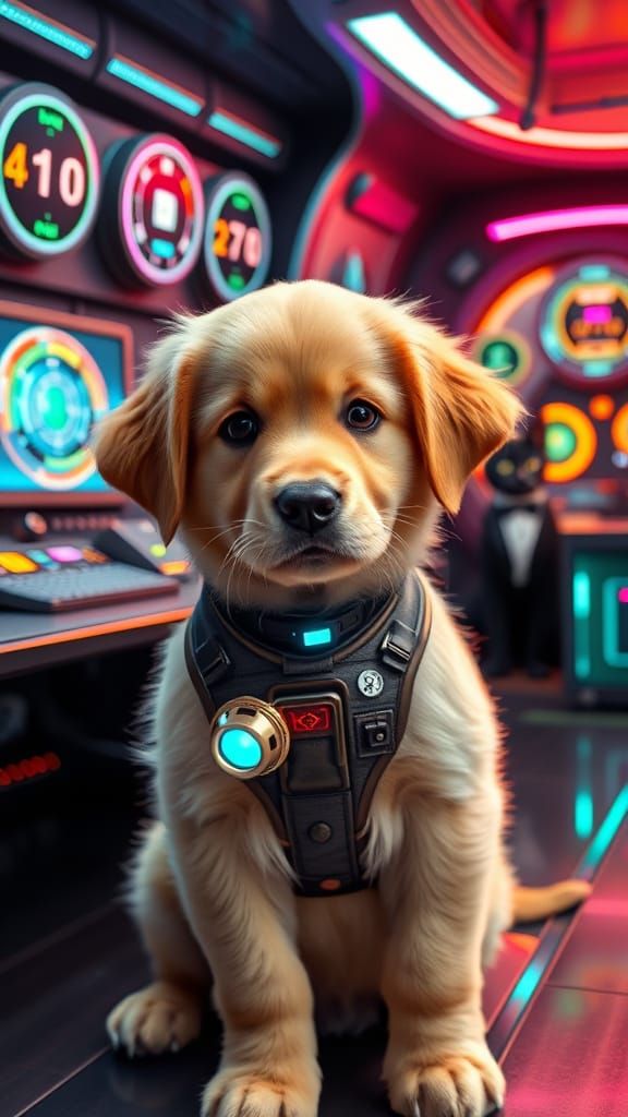 Golden Retriever Puppy in Futuristic Control Room