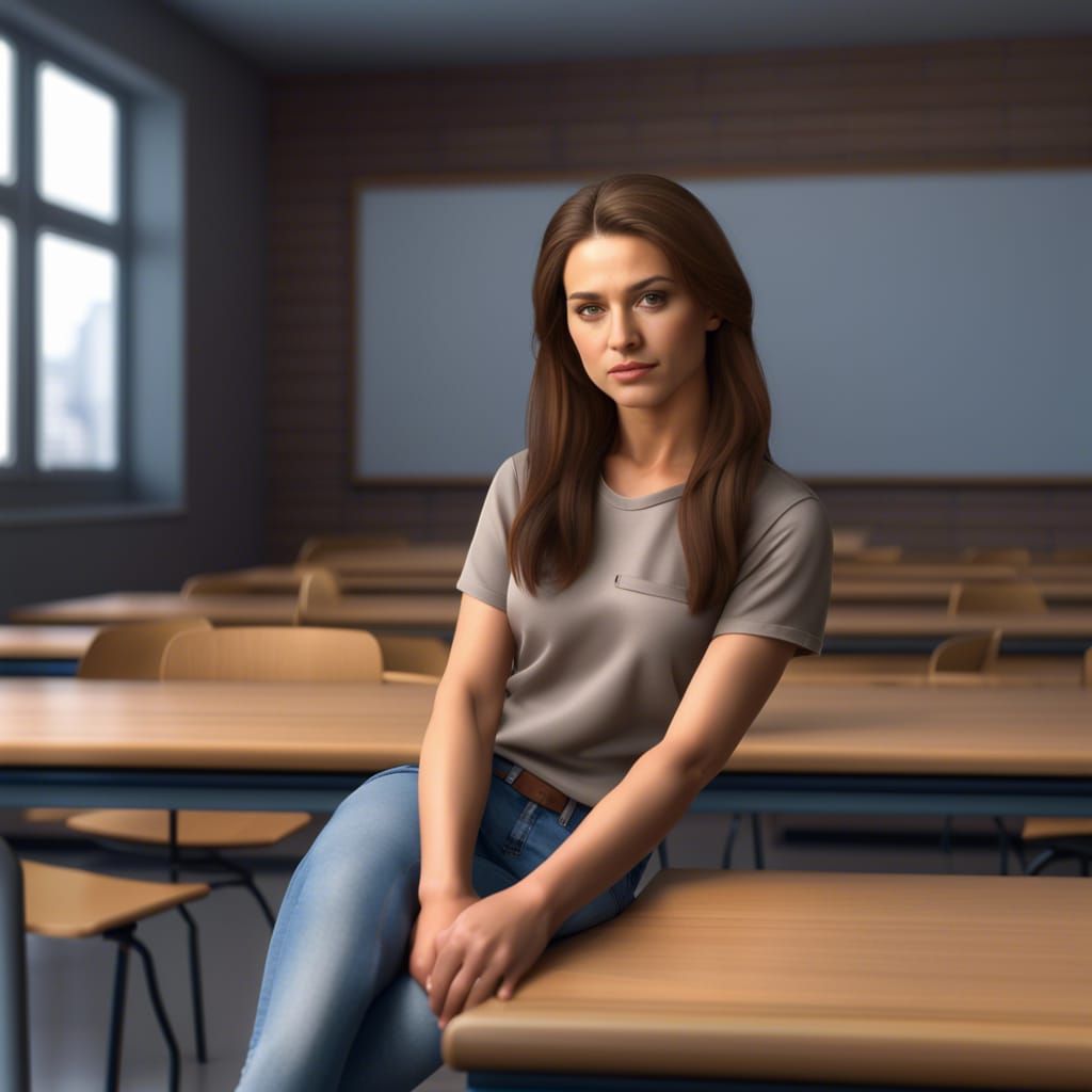 Young Woman Sitting in Classroom: Photorealistic Portrait