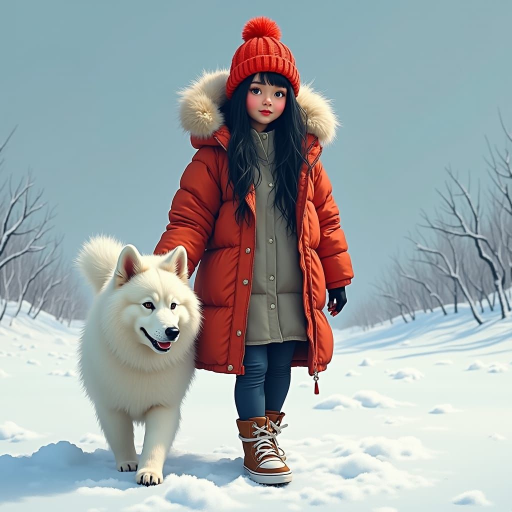 Girl and Samoyed Puppy in Snowy Landscape