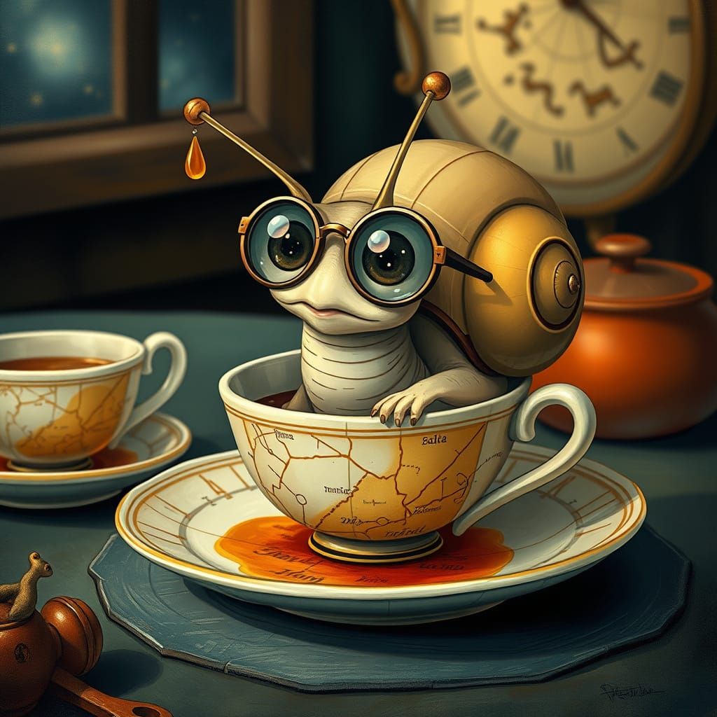 Snail Astronomer Charts Stars in Teacups, Dreamlike Art