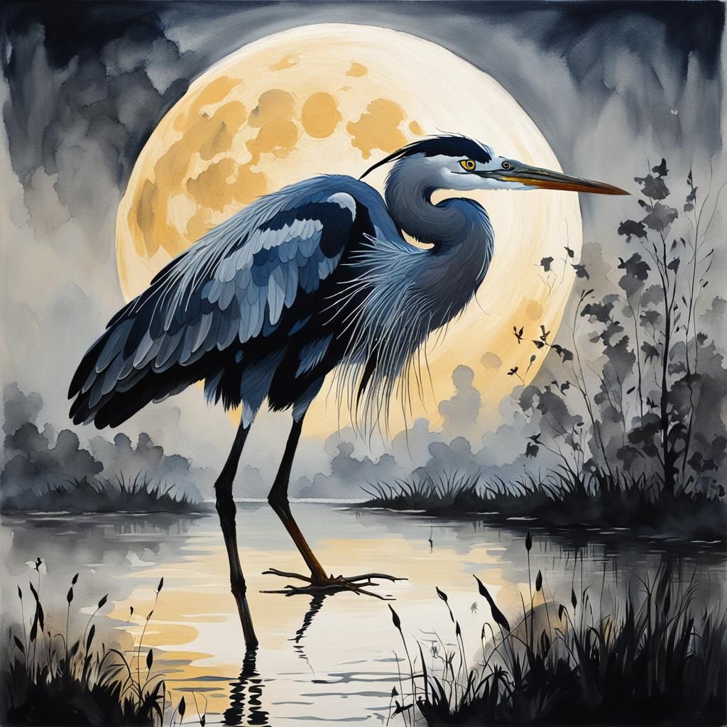 Heron in Moonlight Pond: Gouache Impasto Painting