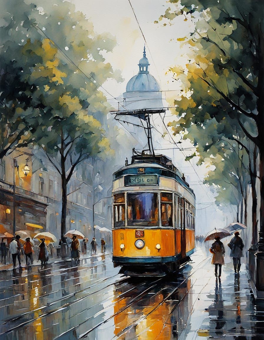 Prague Tram Scene in Watercolor with Sun Rays