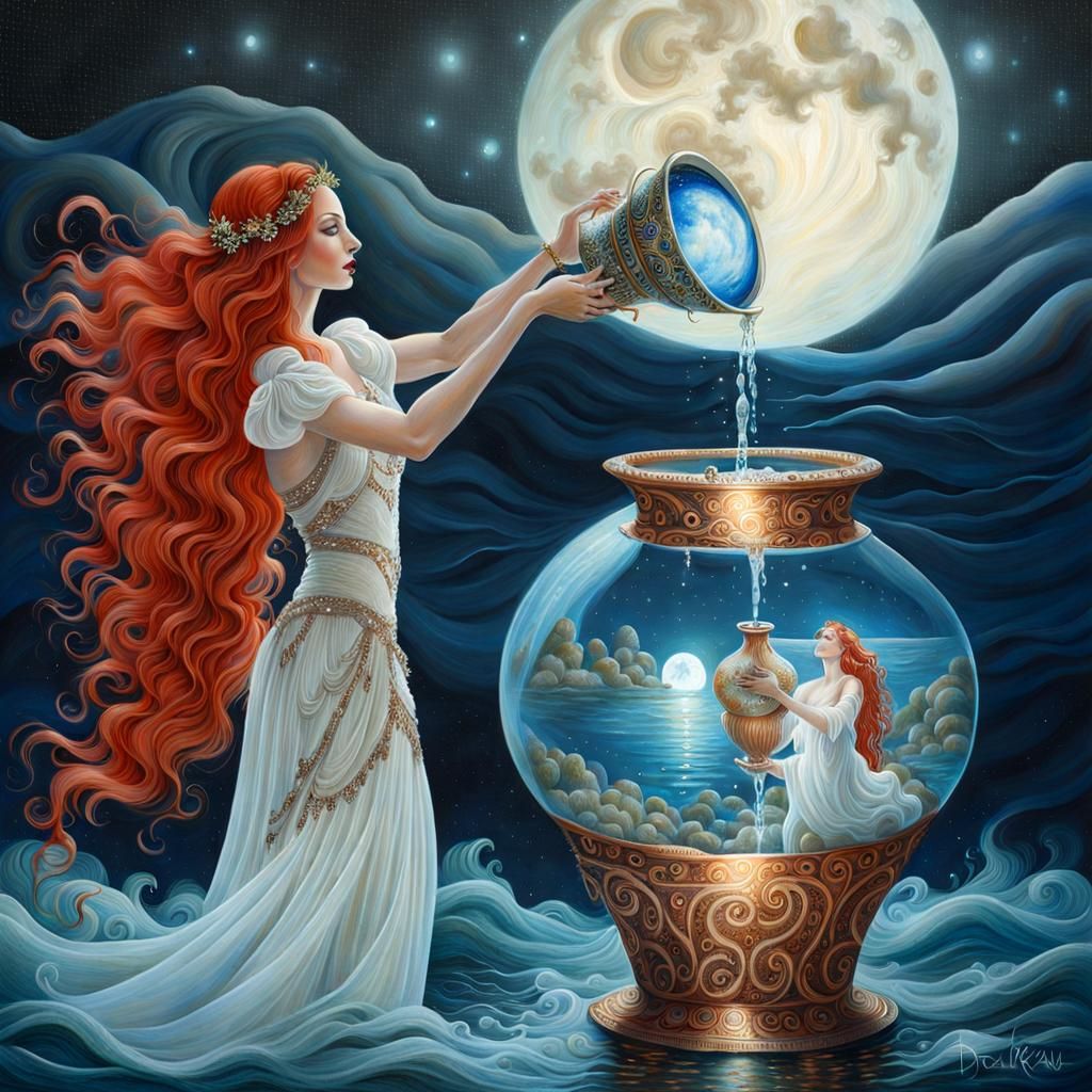Woman Pouring Water into Ocean: Fantasy Art