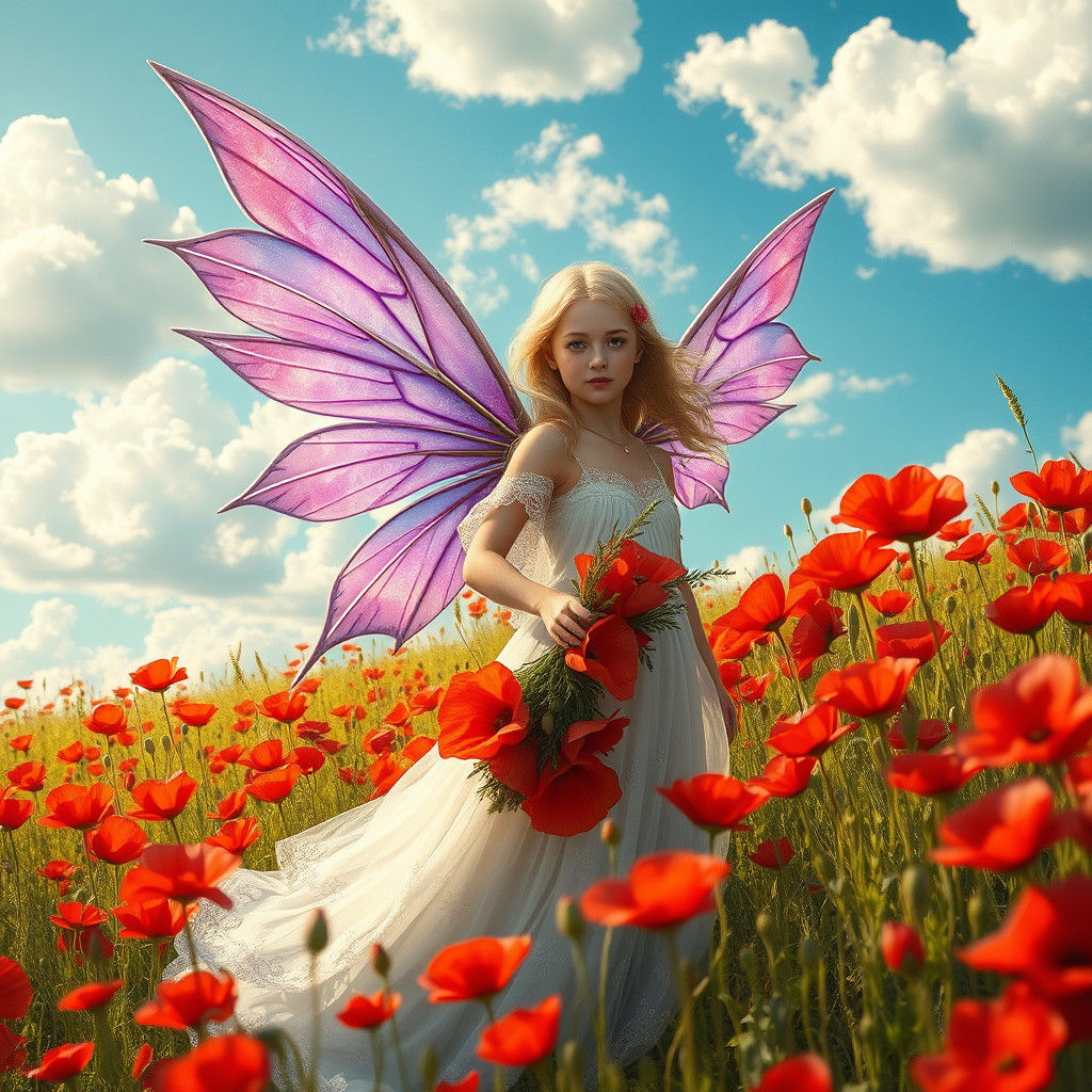 Girl with Fairy Wings in Poppy Field, Art Nouveau
