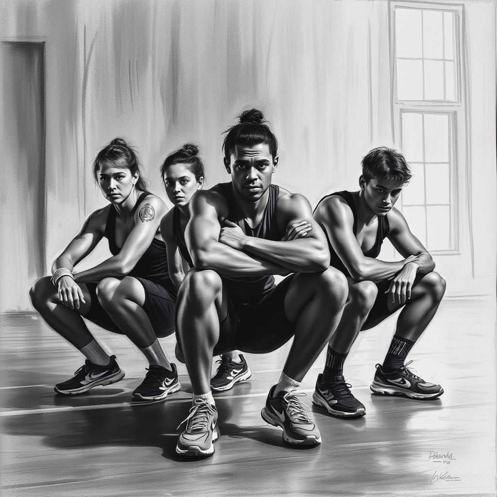Hyperdetailed Charcoal Drawing of Weightlifters in Gym