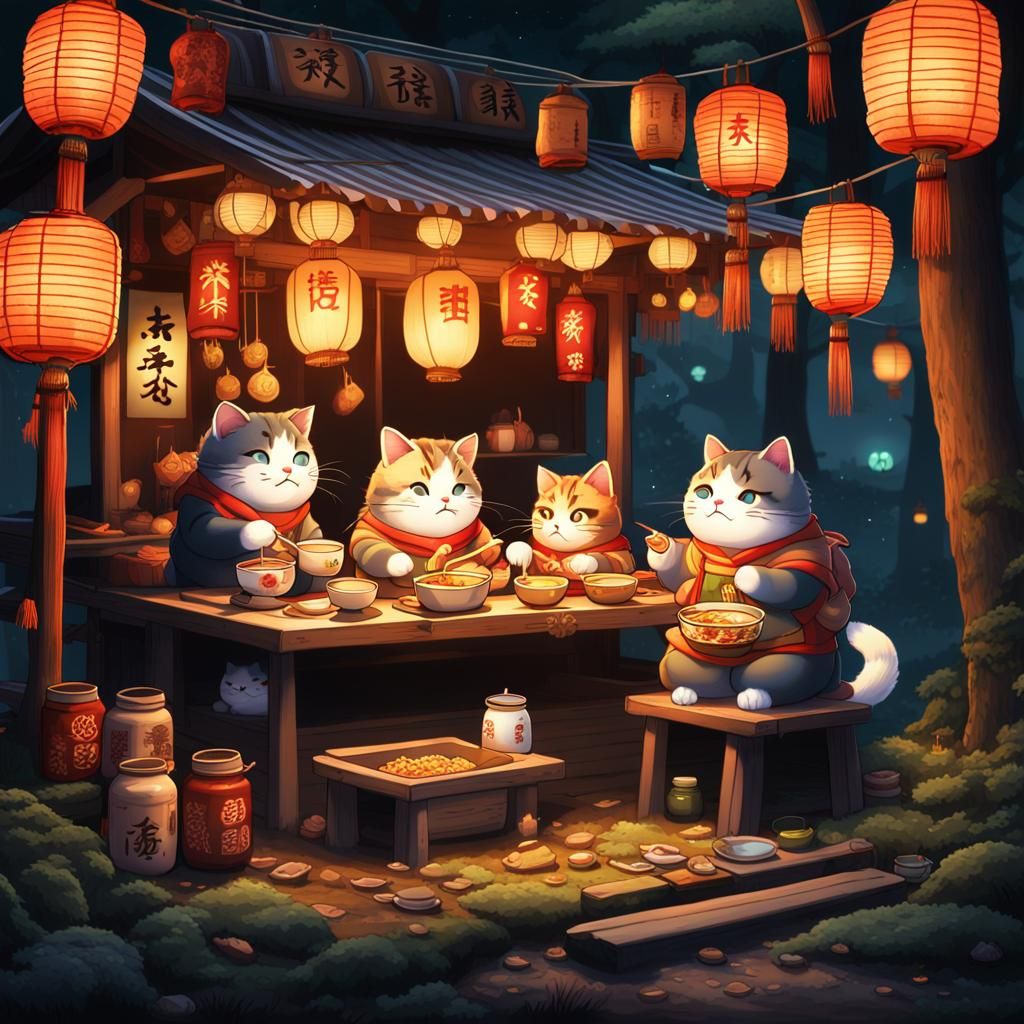 Cats Eating Ramen at Forest Food Stall