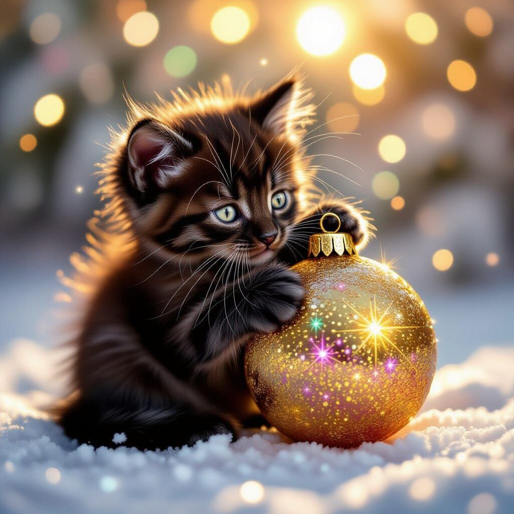 Black Kitten Hugs Crystal Bauble with Magical Golden Light