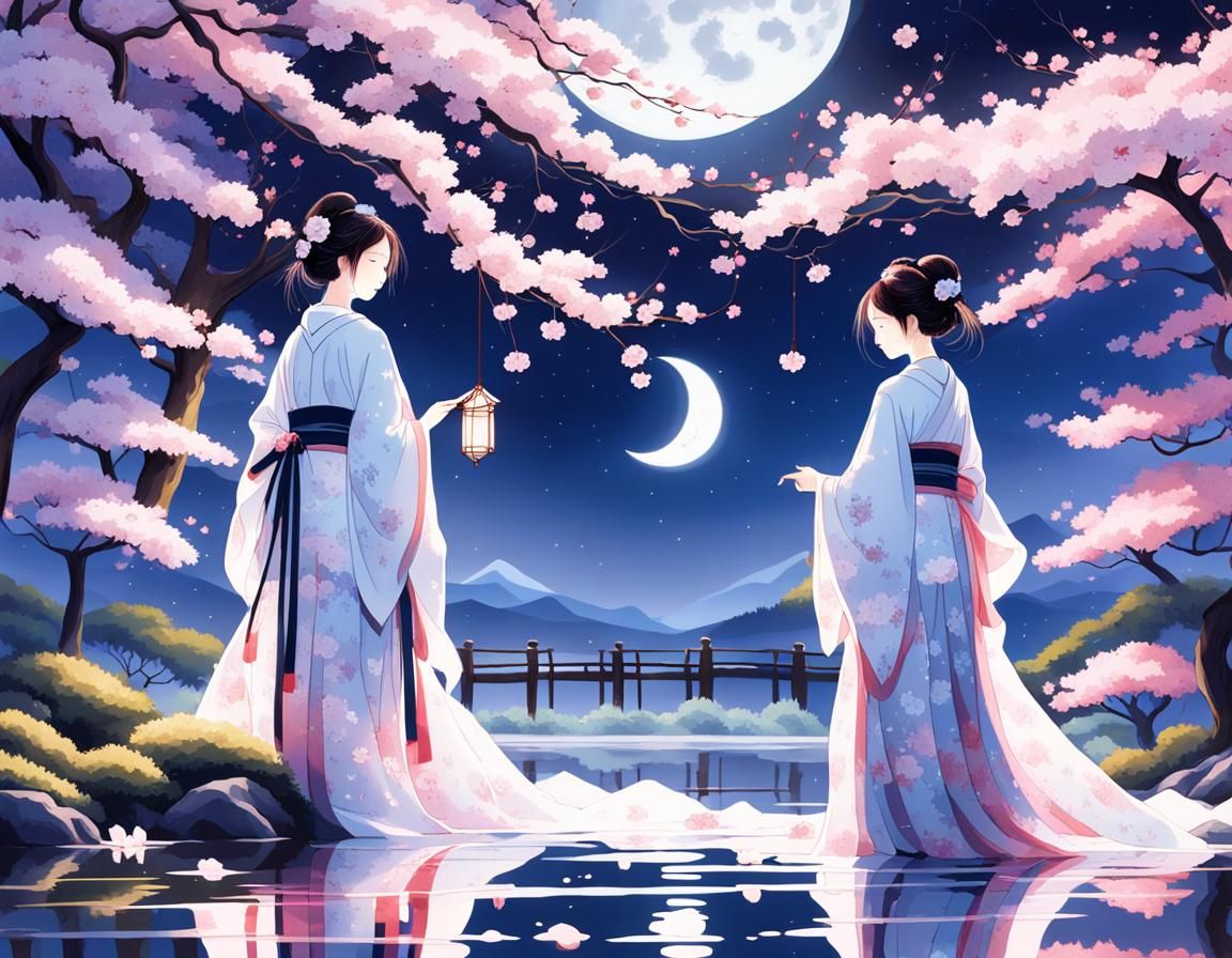 Moonlit Sakura Grove with Ethereal Figures